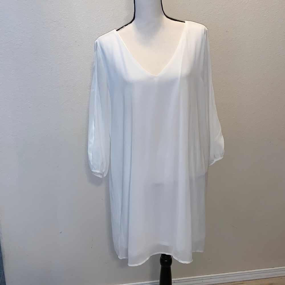 Lulus Womens XL White 3/4 Sleeves Slit V-Neck Lightweight dress